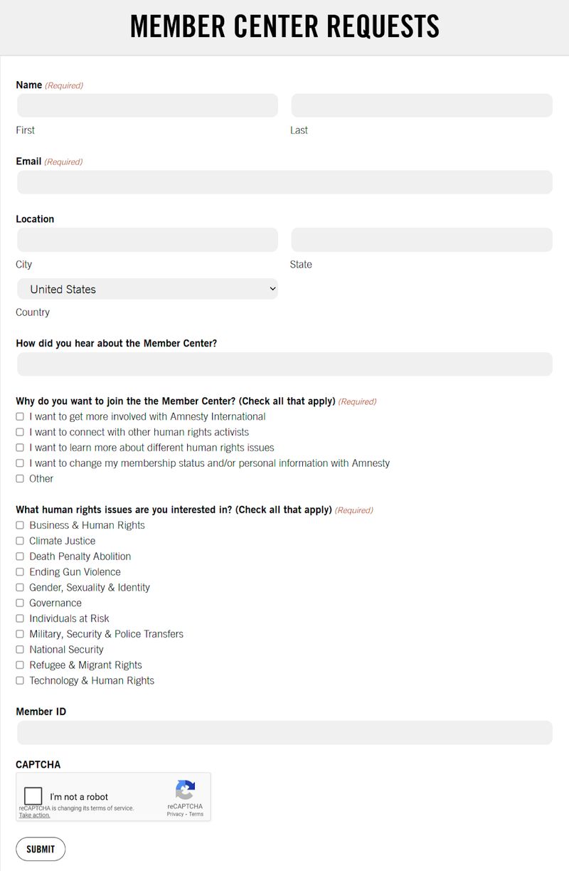 "Member Center Requests" form on Amnesty International USA's "Member Center" web page