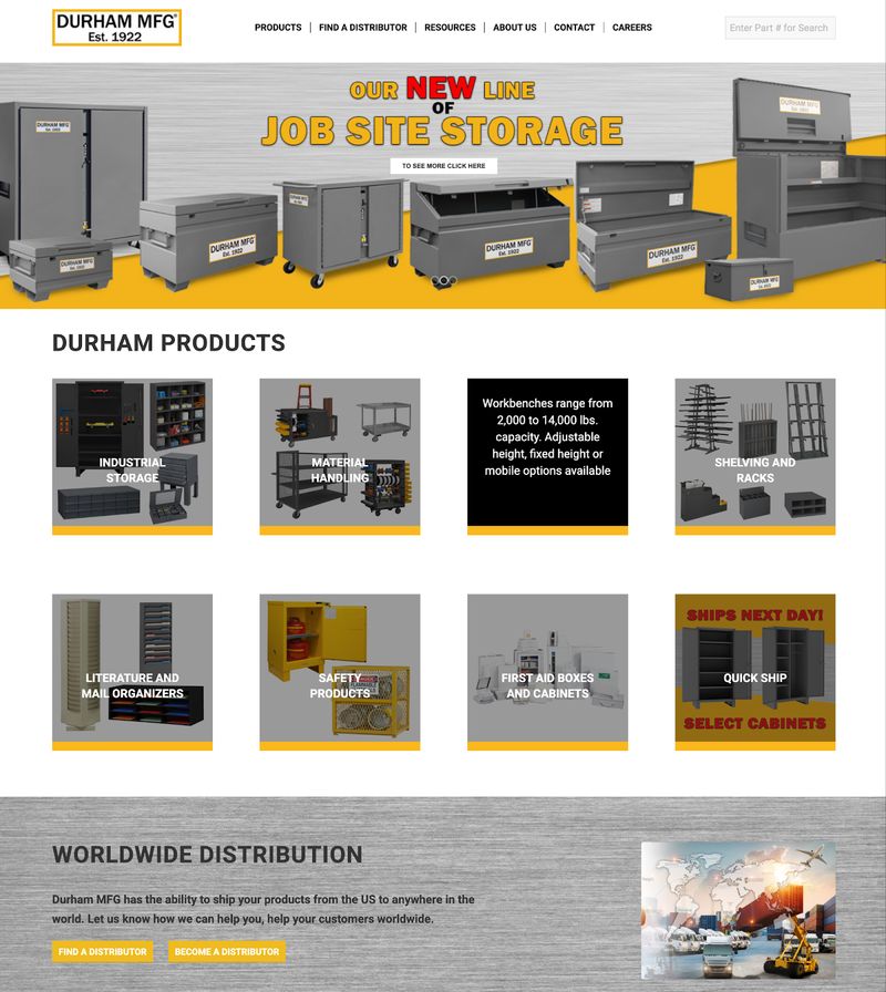 B2B manufacturing company Durham Manufacturing's product-focused homepage