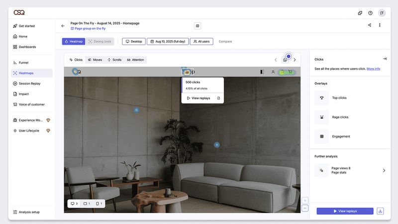 screenshot of what Hotjar's heatmap analysis tool looks like in action using CSQ company as an example