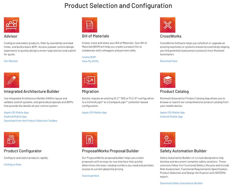 product selection and configuration tools offered on Rockwell Automation's "Tools" web page, including a product configurator and proposal builder