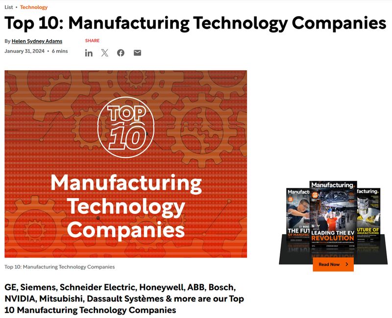screenshot of Manufacturing Digital's expert roundup of the top 10 manufacturing technology companies