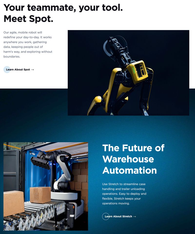 Boston Dynamics product page showing organized capabilities with clear descriptions and call-to-action buttons