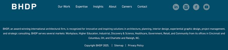 website footer for architectural firm BHDP showing a recent copyright date