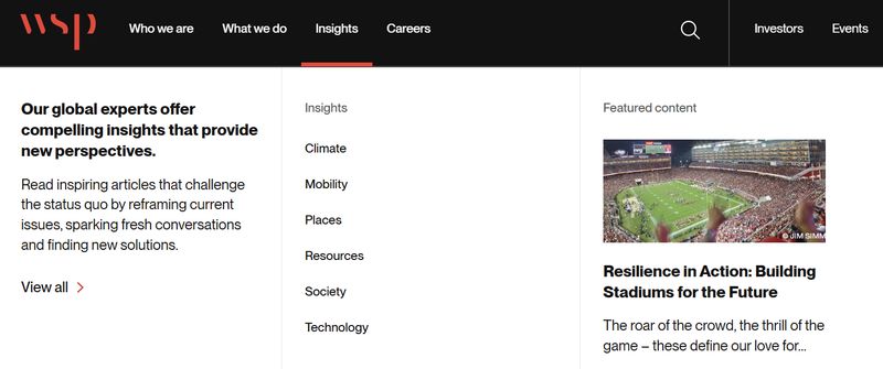 professional service firm WSP's navigation menu with the "Insights" section expanded to show topic categories