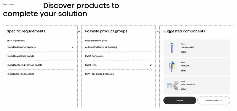 customizable solutions chart featured on Acme's "Pallet Handling" solutions web page