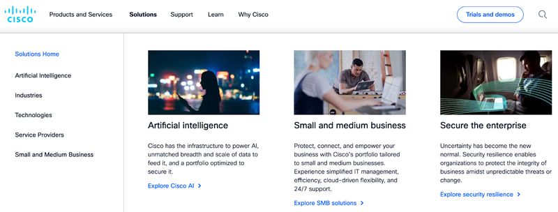 expanded navigation menu of B2B digital technology communications manufacturer Cisco's website
