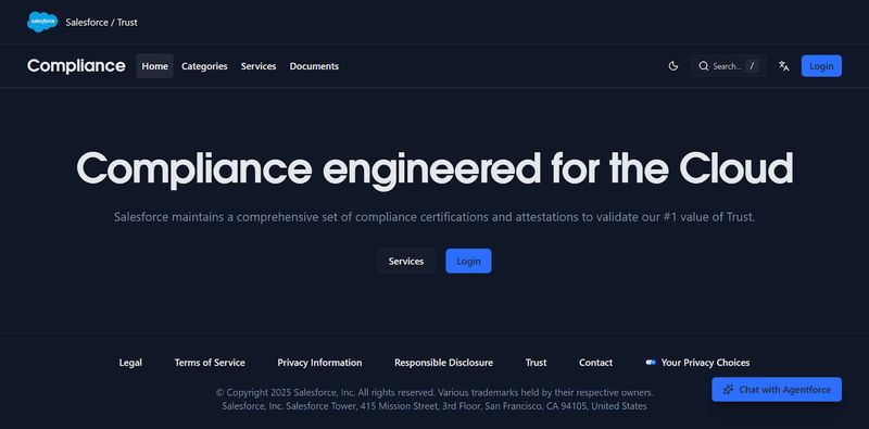 home page of Salesforce's "Compliance" microsite featuring links to their legal terms, privacy policy, and more