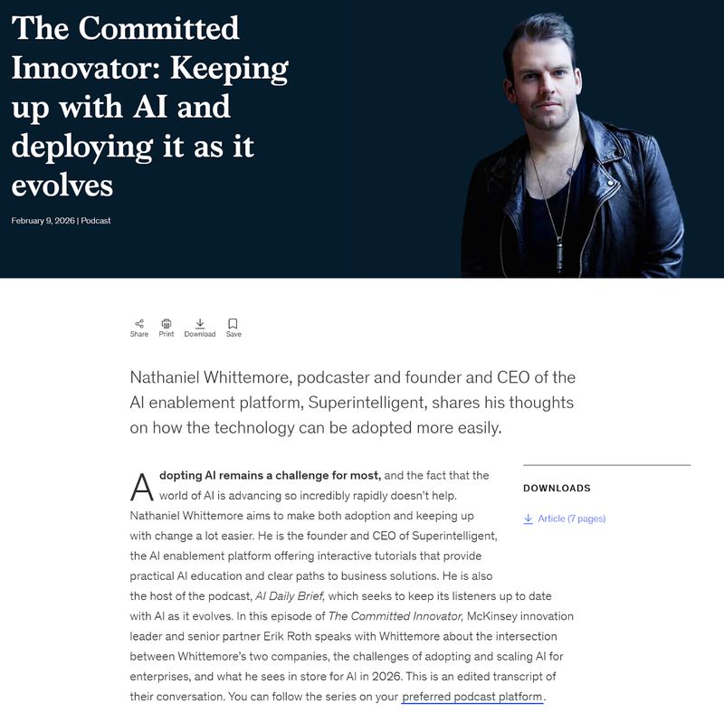 screenshot of a McKinsey article featuring a discussion between the company's innovation leader and the founder of AI platform Superintelligent