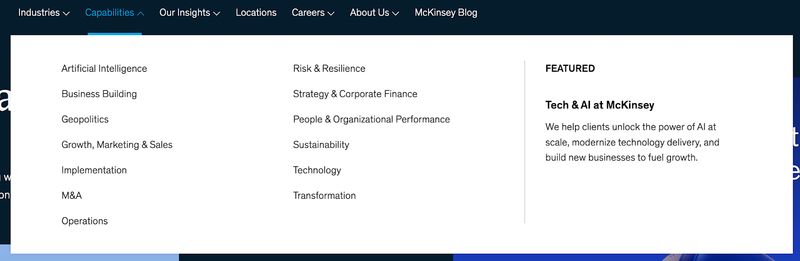 navigation menu showing the “Capabilities” section of B2B firm McKinsey & Company’s website