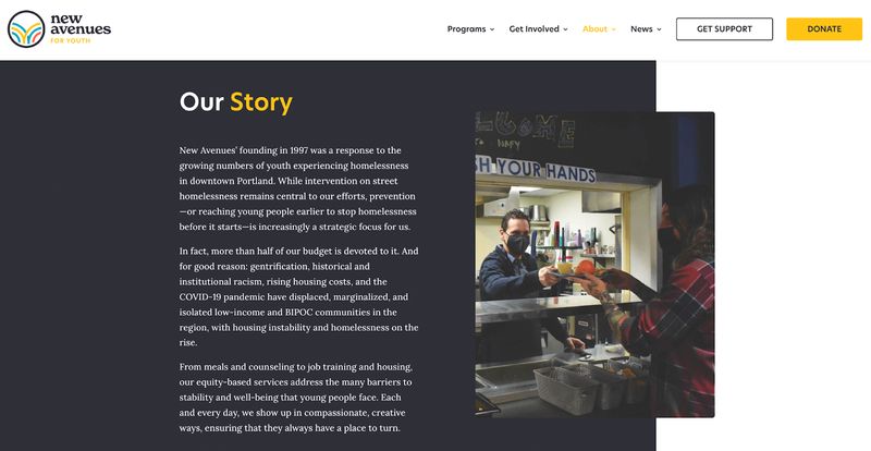 screenshot of the About page of nonprofit website New Avenues for Youth