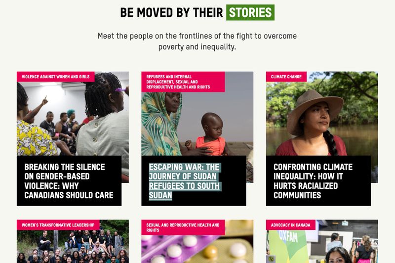 screenshot of beneficiary stories on nonprofit website Oxfam Canada
