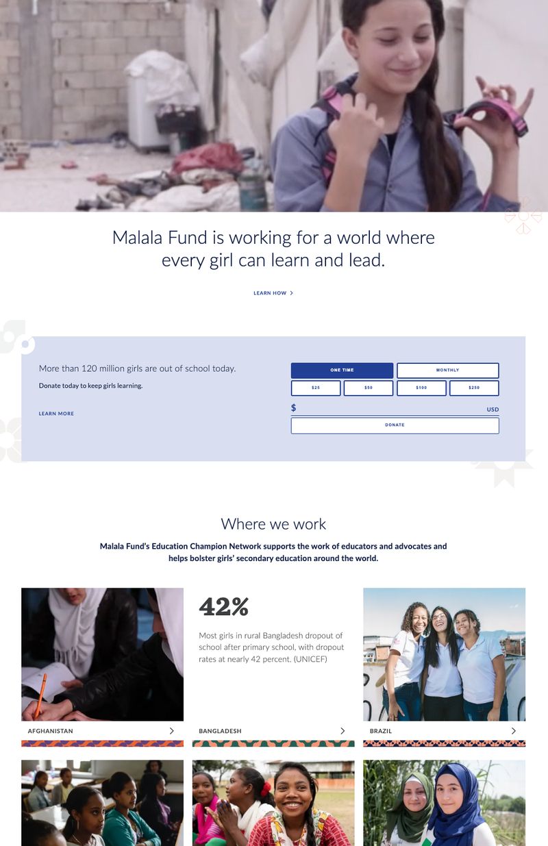 screenshot of the homepage of the nonprofit organization Malala Fund