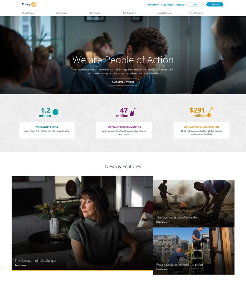 homepage of nonprofit website Rotary International