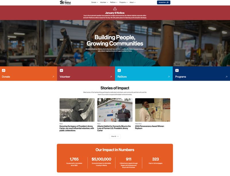 homepage of nonprofit website Atlanta Habitat for Humanity