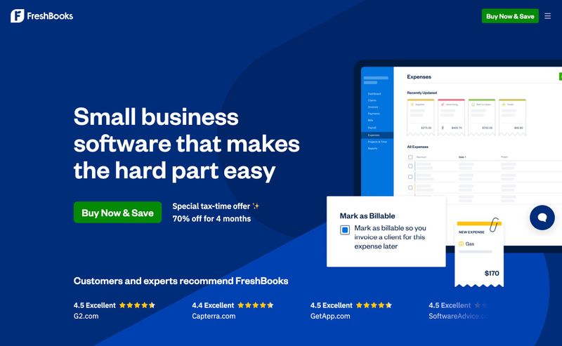 FreshBooks homepage hero section using a problem-solution headline with product interface screenshot, call-to-action button, and review platform ratings.