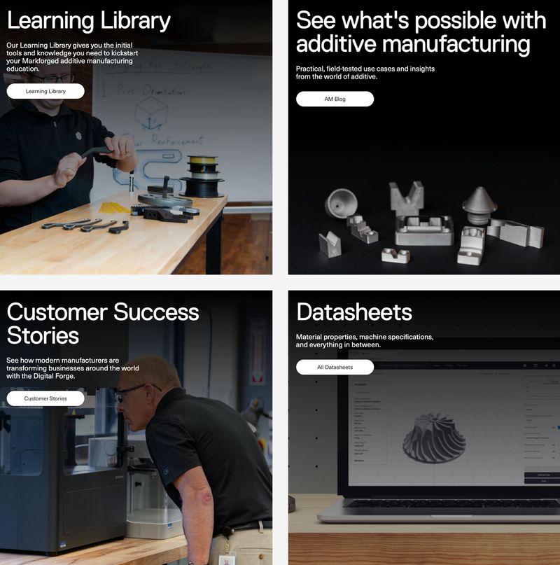 B2B company Markforged's "Resources" page showing their learning library, customer success stories, and datasheets