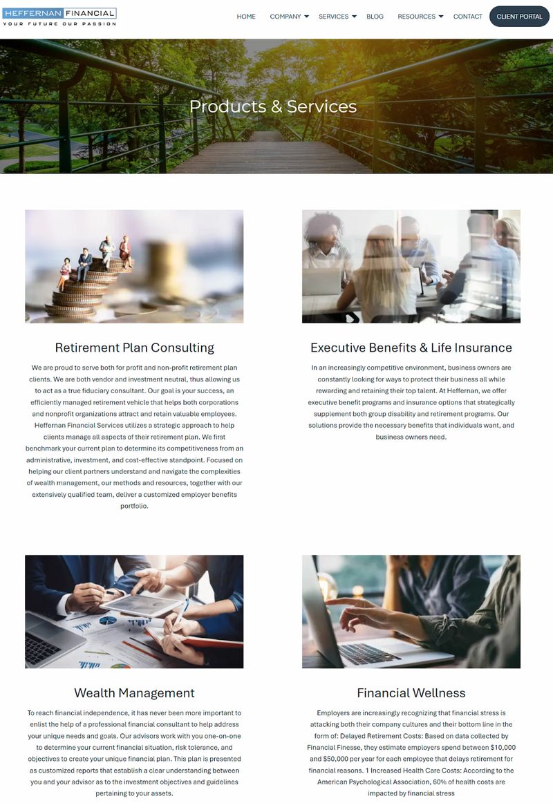 "Products & Services" hub page on Heffernan Financial’s B2B website, showcasing their financial solutions
