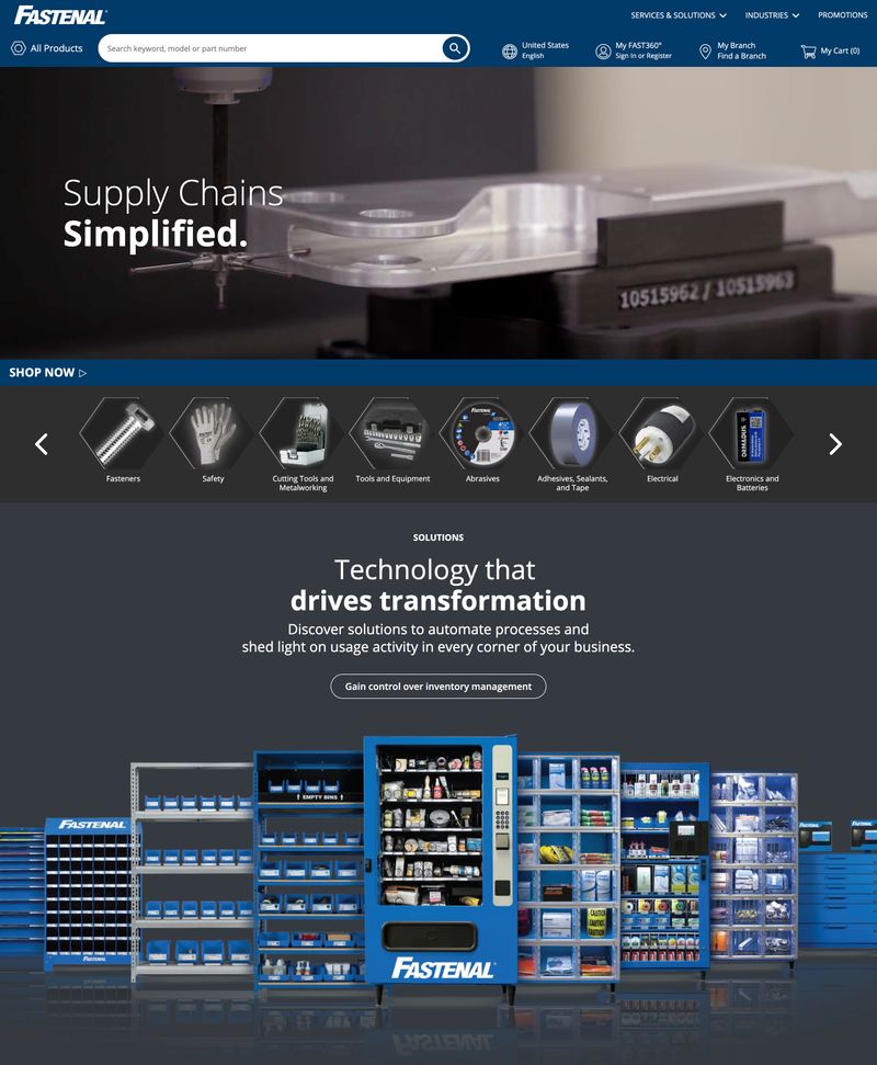 Homepage of industrial distributor Fastenal showing strategy-driven navigation organized by product category, solutions, and industry verticals