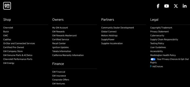 General Motors' website footer featuring clear, accessible links to legal documents