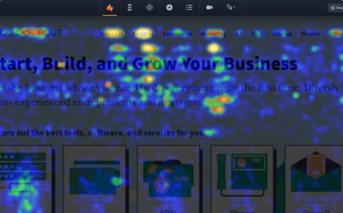 website heatmap overlay tool result for Quick Sprout's homepage and navigation using heatmap software from Crazy Egg