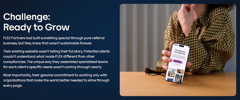 screenshot of Trajectory's case study for Flex Partners showing a summary of the challenge we faced for the website redesign