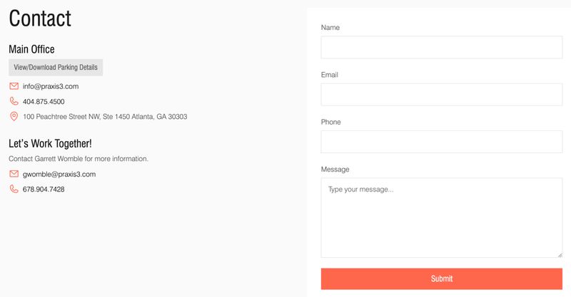"Contact" page for architecture and design firm PRAXIS3 showing multiple contact methods for B2B prospects