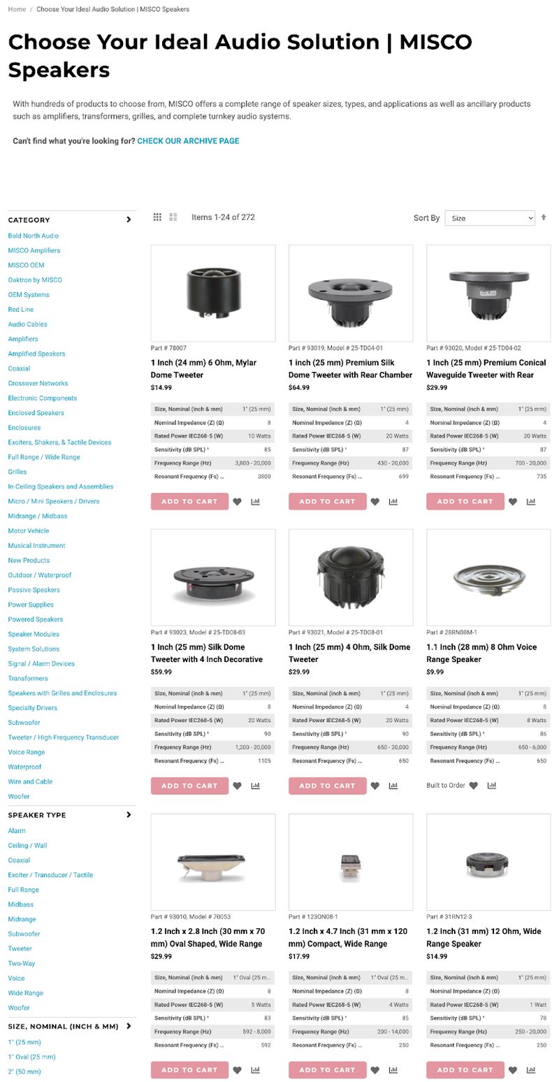 Misco Speakers' product catalog page featuring product categories and sorting for easy filtering