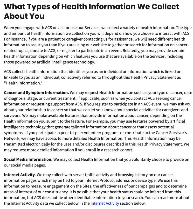 screenshot of the health information section of nonprofit organization American Cancer Society's privacy policy