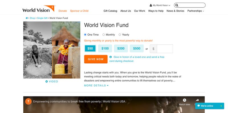 screenshot of nonprofit World Vision's donation landing page