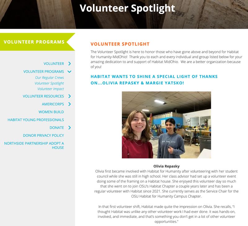 screenshot of a volunteer spotlight from Habitat for Humanity MidOhio