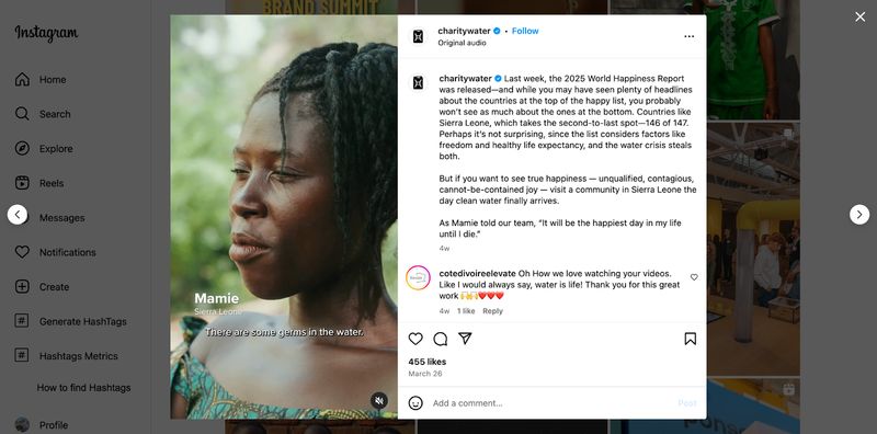 screenshot of a video and caption from nonprofit Charity: Water on Instagram