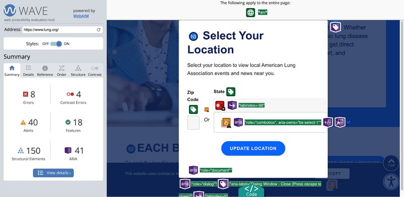 example of what the WAVE website accessibility tool shows for the American Lung Association website