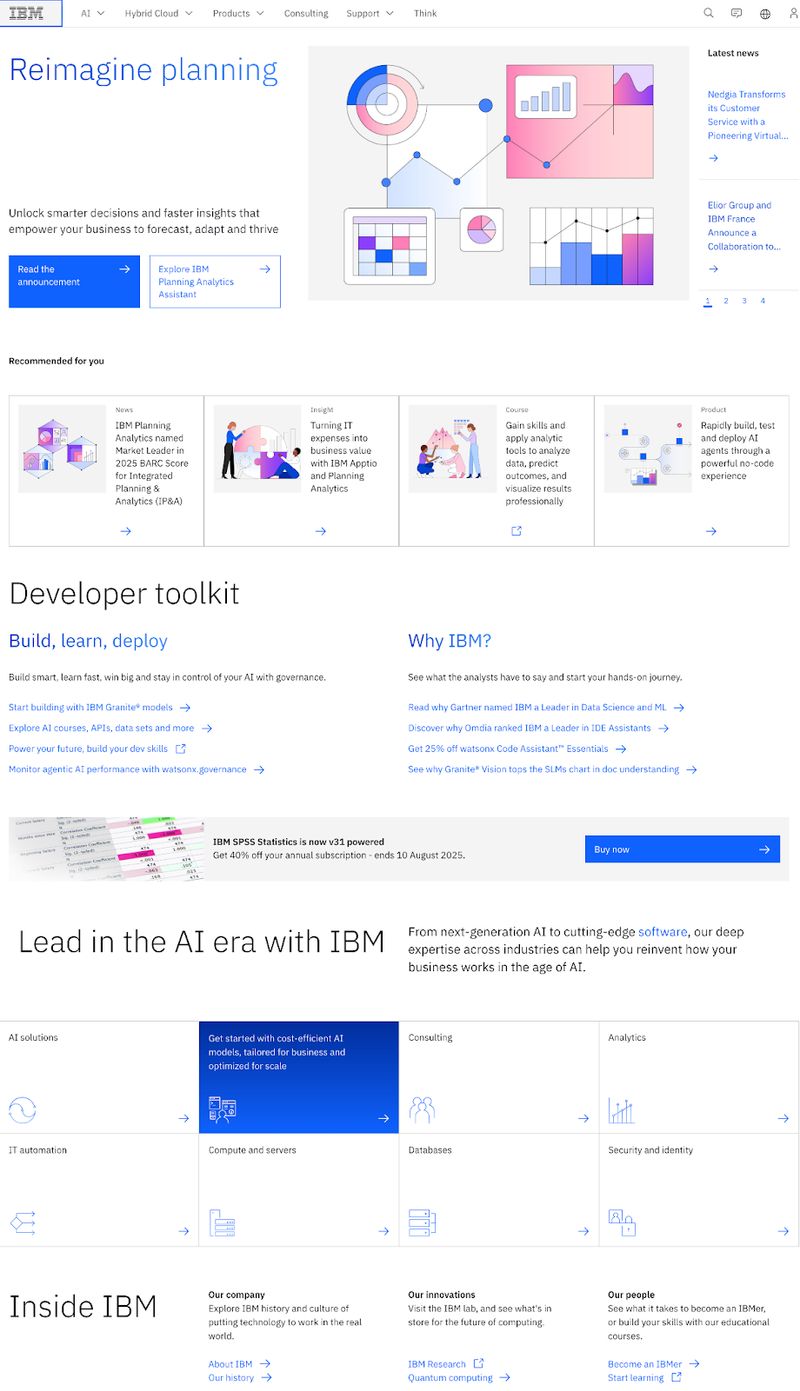 screenshot of IBM's homepage showing enterprise-level design and functionality