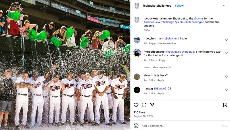 screenshot of an MLB baseball team doing the ice bucket challenge on Instagram