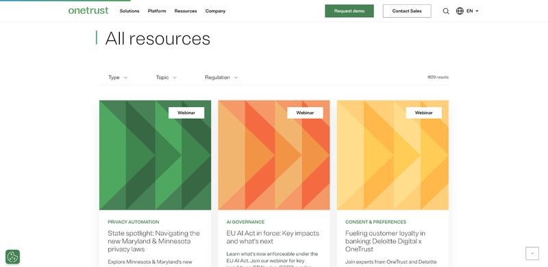 screenshot of the "All Resources" section of Atlanta B2B company OneTrust's website