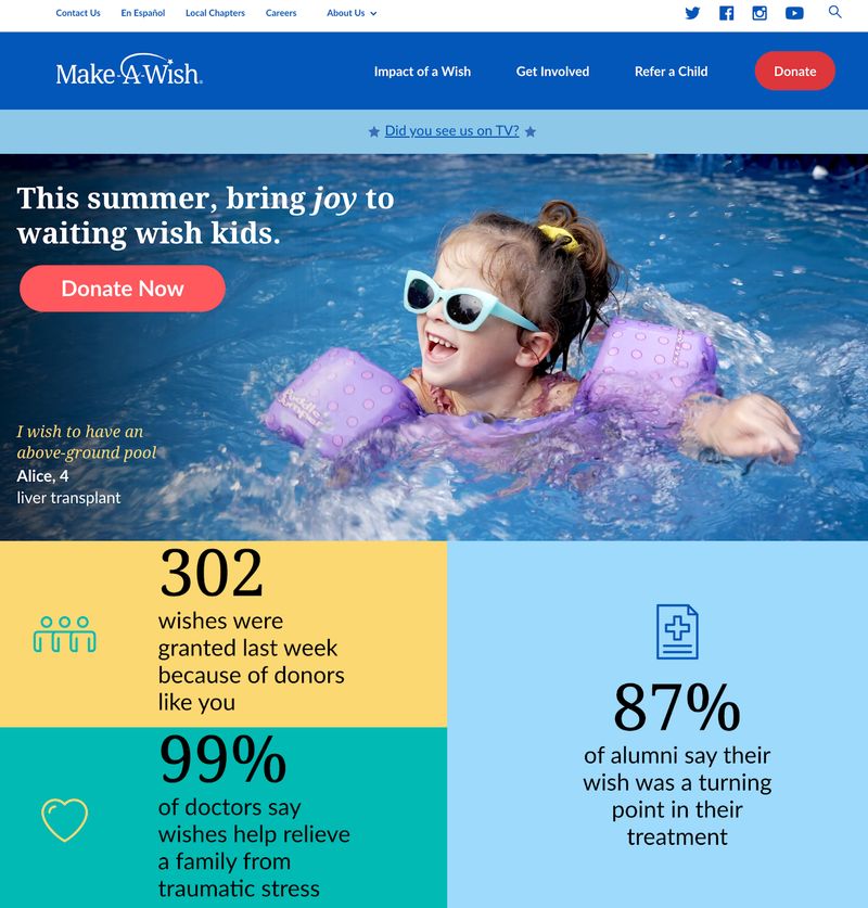 Make-A-Wish's nonprofit website homepage featuring user-friendly design