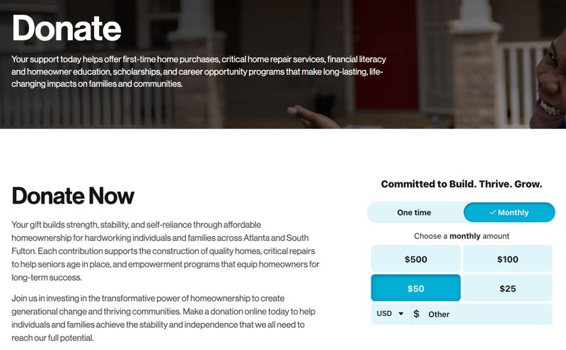 screenshot of Atlanta Habitat for Humanity's donation landing page