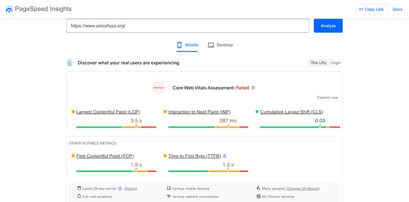screenshot of Unicef USA's core web vitals assessment on Google PageSpeed Insights