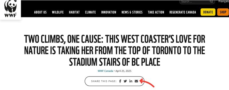 screenshot of a story with social media icons on nonprofit website World Wildlife Foundation Canada