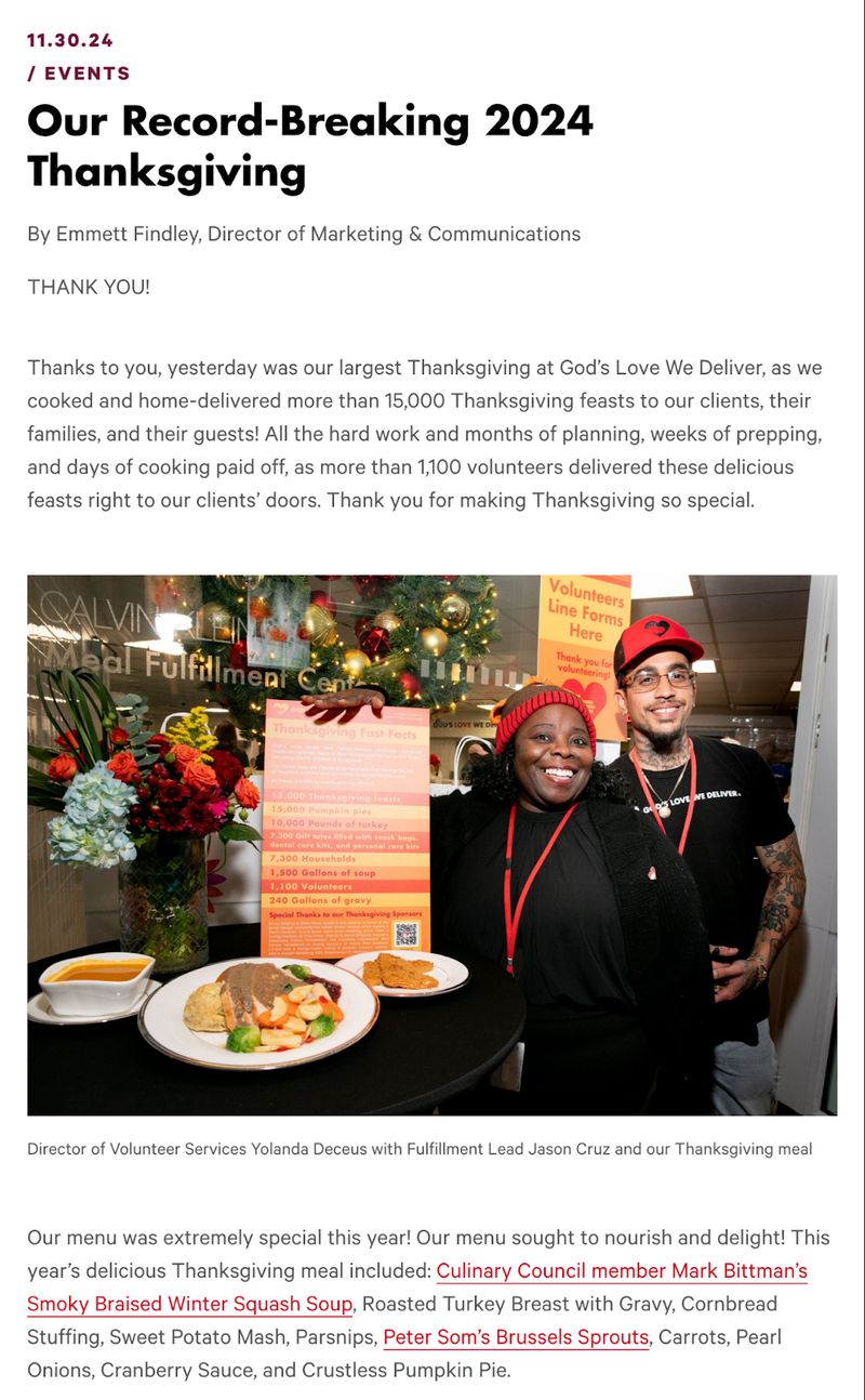 screenshot of a Thanksgiving blog from nonprofit God's Love We Deliver