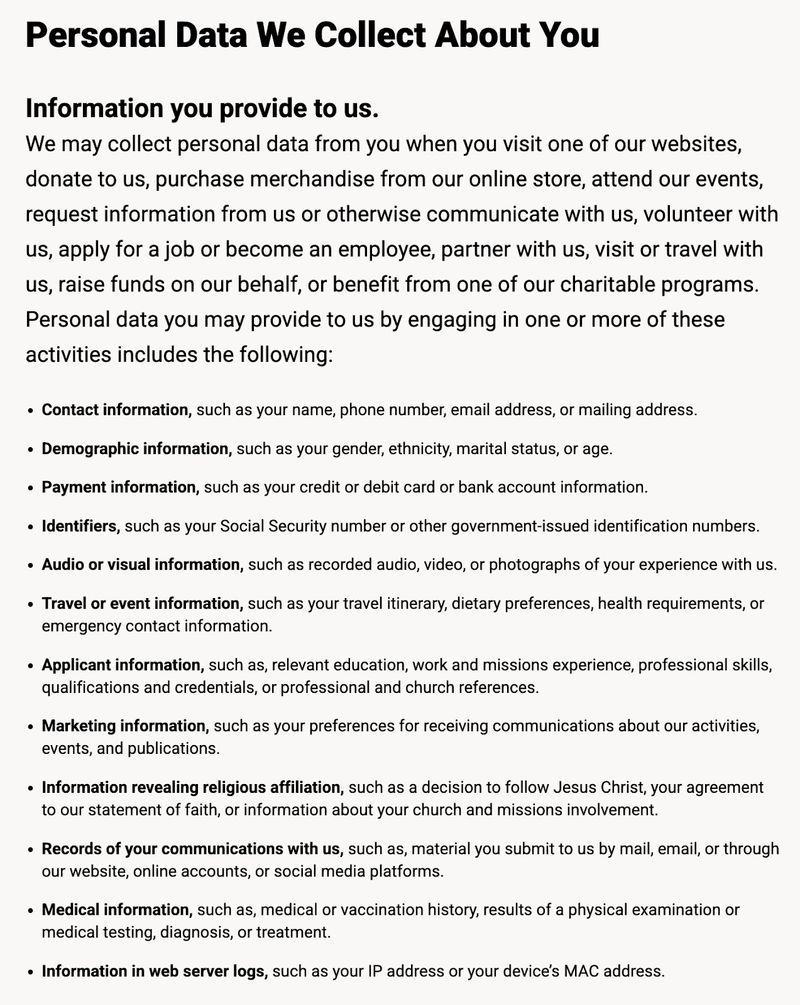 screenshot of the "personal data collection" section of the privacy policy for nonprofit organization Samaritan's Purse