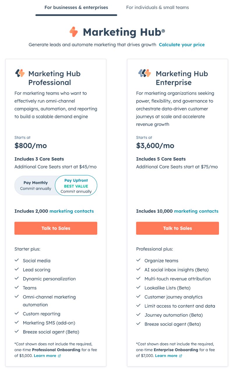 screenshot of HubSpot's pricing menu for businesses and enterprises