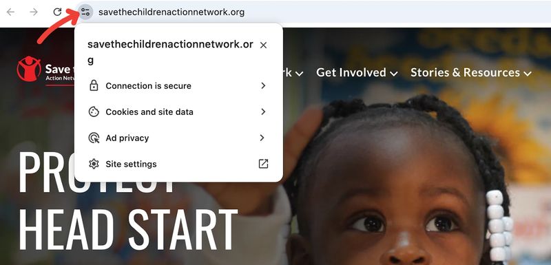 screenshot of security information options for Save the Children's nonprofit website