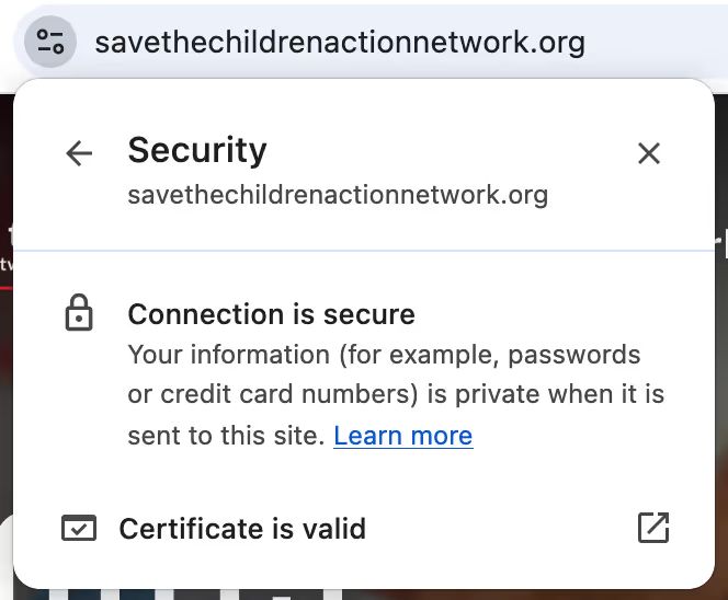 screenshot showing that the connection is secure for Save the Children's nonprofit website