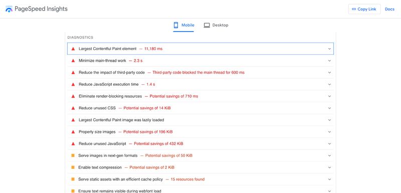 screenshot of the "performance" diagnostics for Habitat for Humanity's homepage in Google PageSpeed Insights