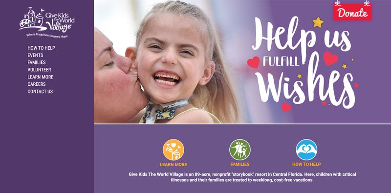 homepage of nonprofit website Give Kids the World Village