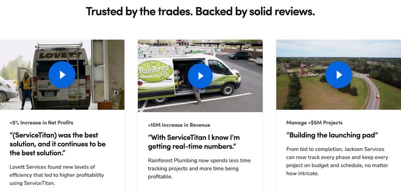 case studies featured on B2B software company Service Titan's homepage