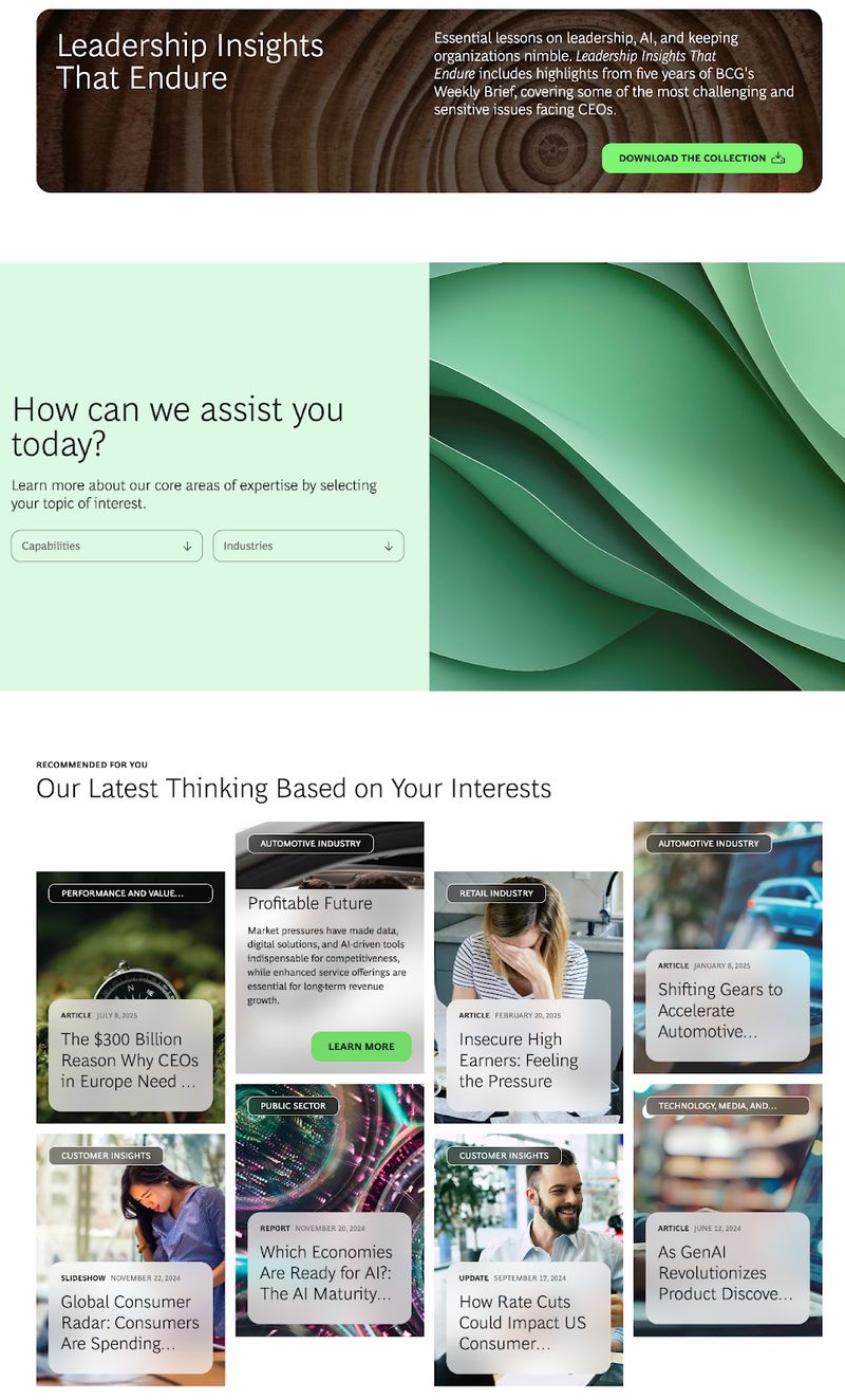 website homepage of B2B consulting firm Boston Consulting Group showing their thought leadership content