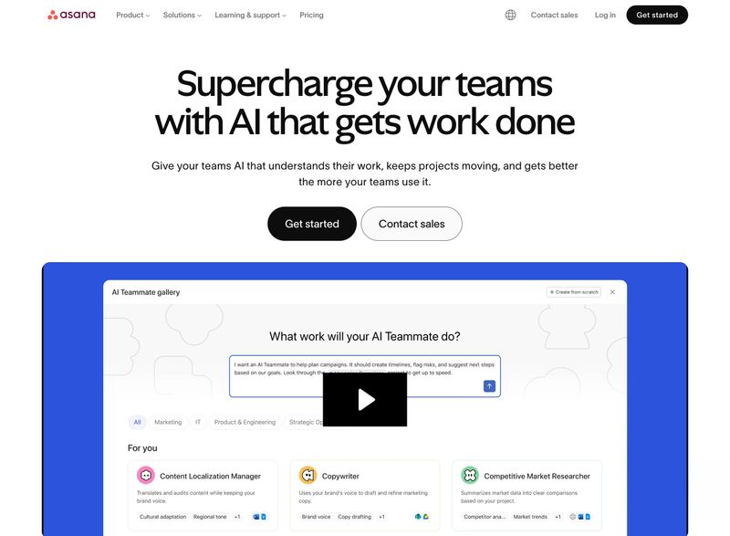 Asana homepage with a bold primary Get started CTA button and a secondary Contact sales outline button placed below the headline in the natural eye path