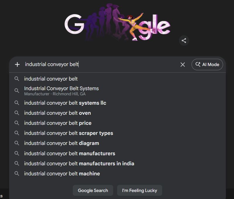 screenshot of Google's autocomplete suggestions for the search term "industrial conveyor belt"